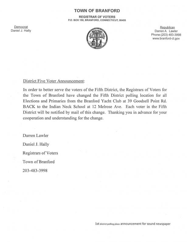 Election day polling locations town of branford ct
